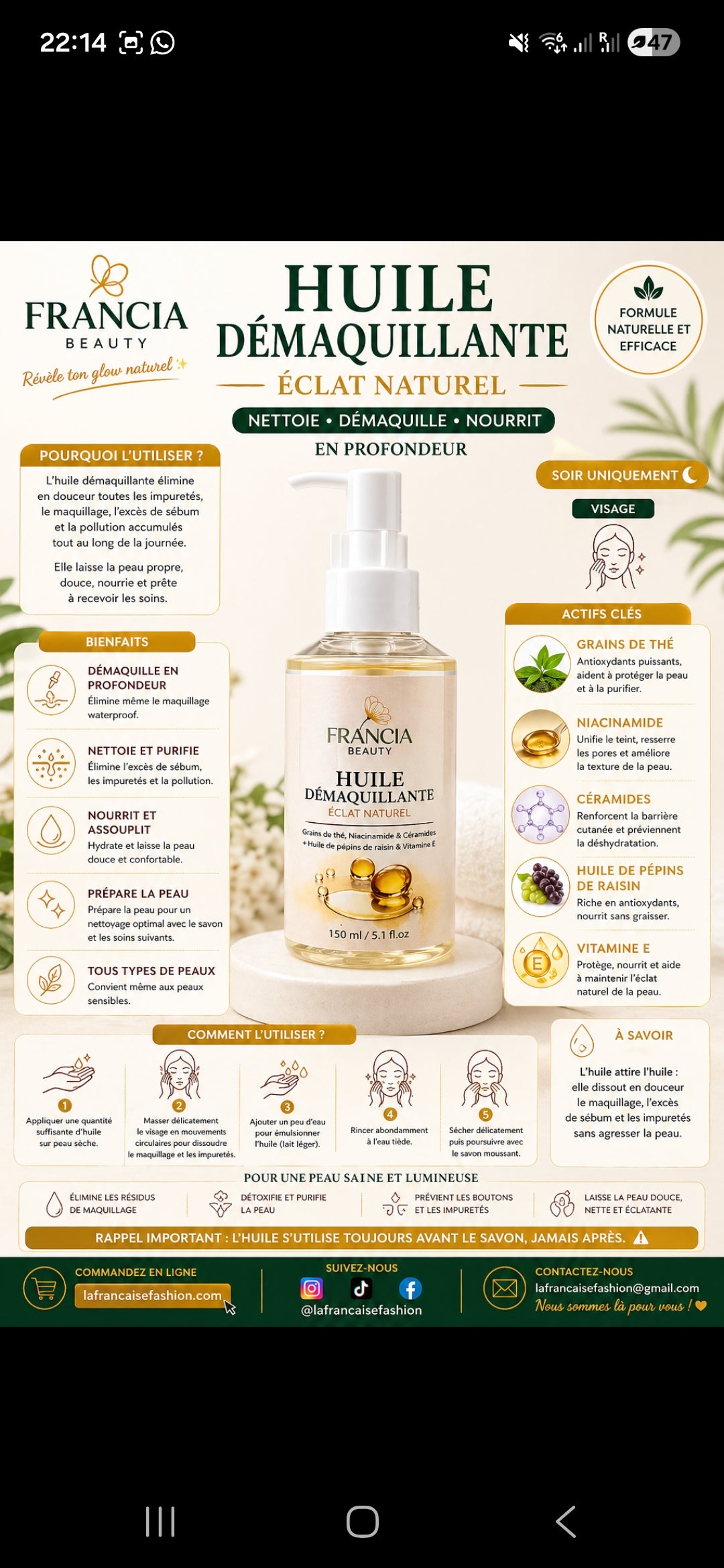 Huile Démaquillante Éclat Naturel — Visage | FRANCIA BEAUTY