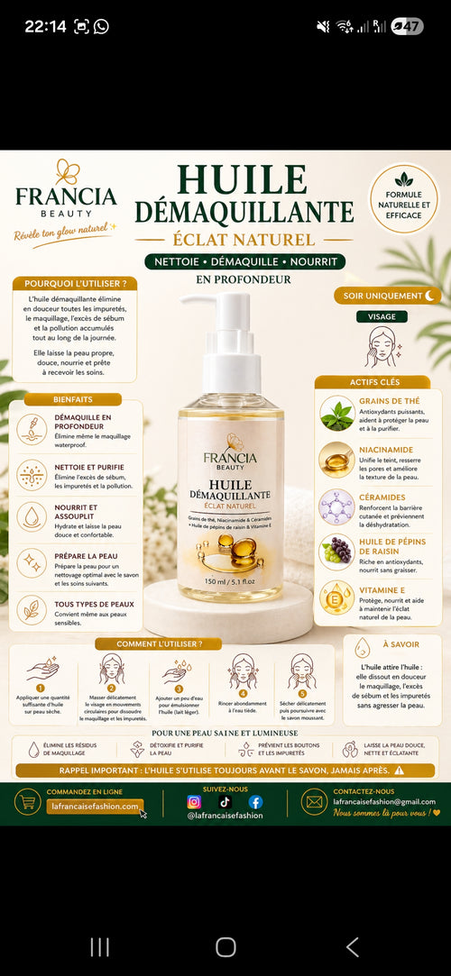 Huile Démaquillante Éclat Naturel — Visage | FRANCIA BEAUTY