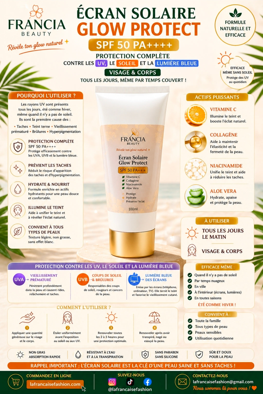 Écran Solaire Glow Protect SPF50 PA+++ — Visage & Corps | FRANCIA BEAUTY